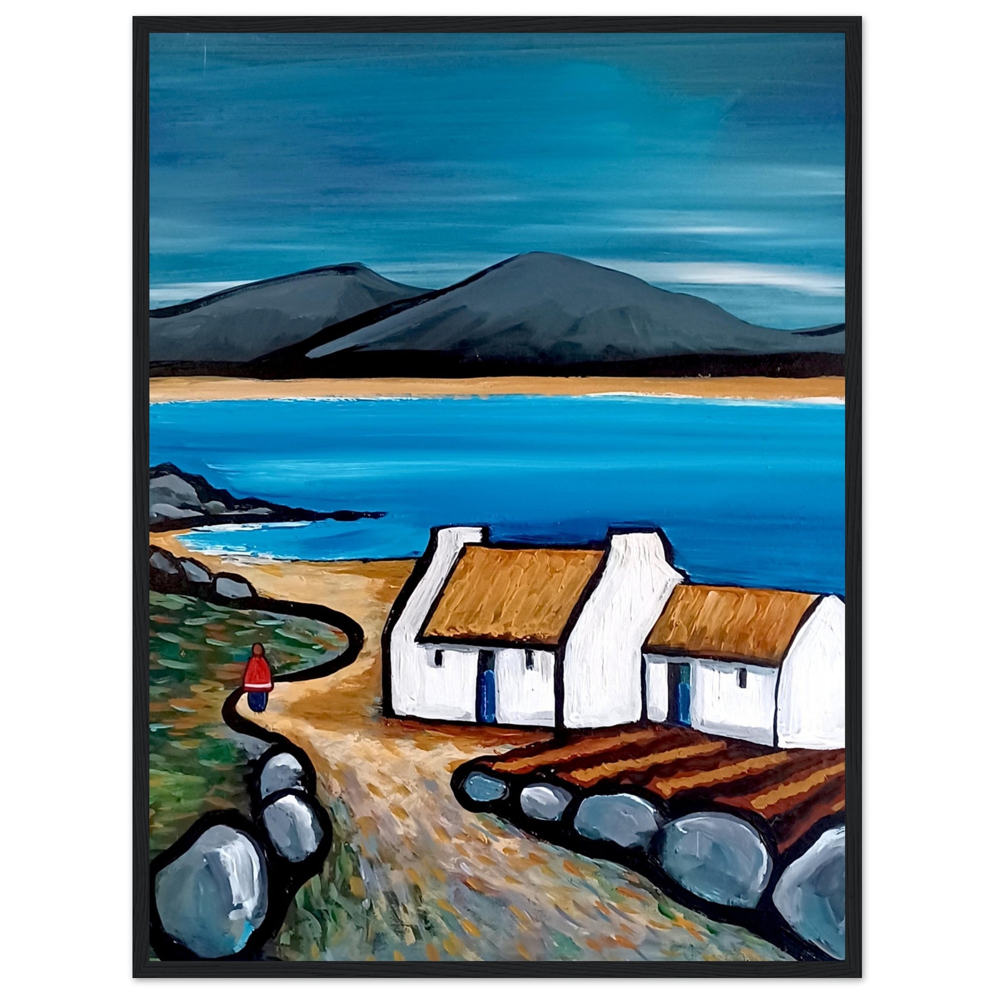 Framed art print titled Connemara Lakes Cottage by Irish artist Ó Maoláin. Features a serene lakeside cottage in Connemara, Ireland, with lush greenery and tranquil waters. The piece captures the rustic beauty of the Irish countryside, enhancing home decor.