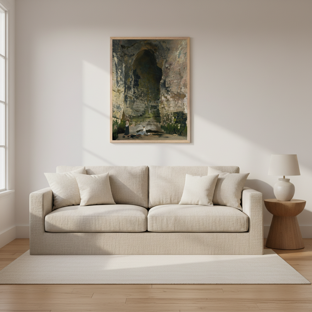  Digby Cave by William Orpen framed Irish art print above a linen sofa in a warm living room
