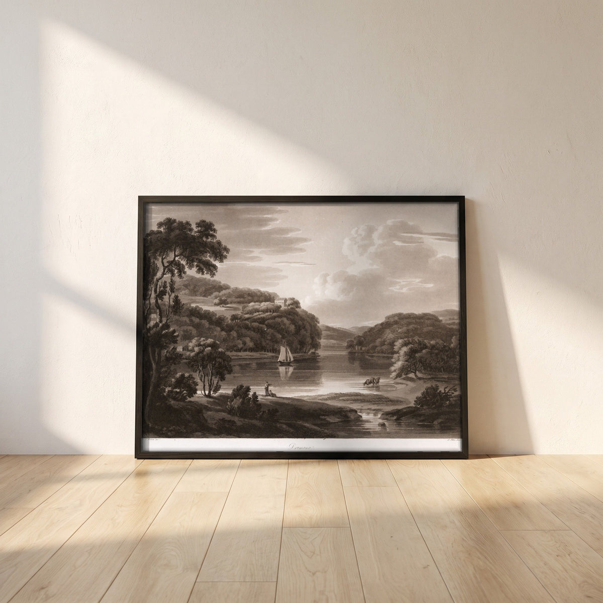 Dromana on the Blackwater by Thomas Sautelle Roberts Art Print framed print in a black frame leaning against a white plaster wall on oak floorboards in morning light