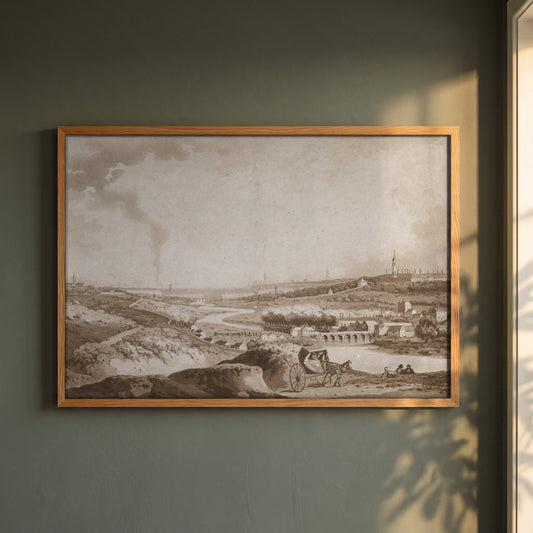 Dublin and Islandbridge from the Magazine Hill (1792) framed print in a natural oak frame on a dark green wall beside a window, dappled plant shadow