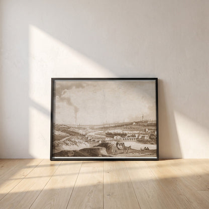 Dublin and Islandbridge from the Magazine Hill (1792) framed print in a black frame leaning against a white plaster wall on oak floorboards in morning light