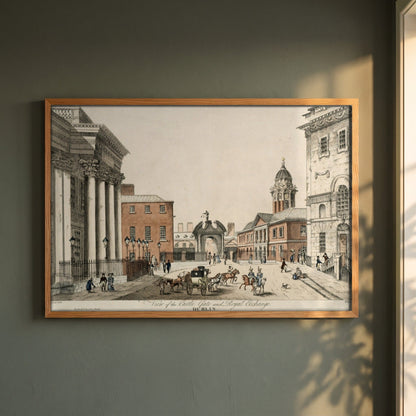 Dublin Castle Gate framed print in a natural oak frame on a dark green wall beside a window, dappled plant shadow