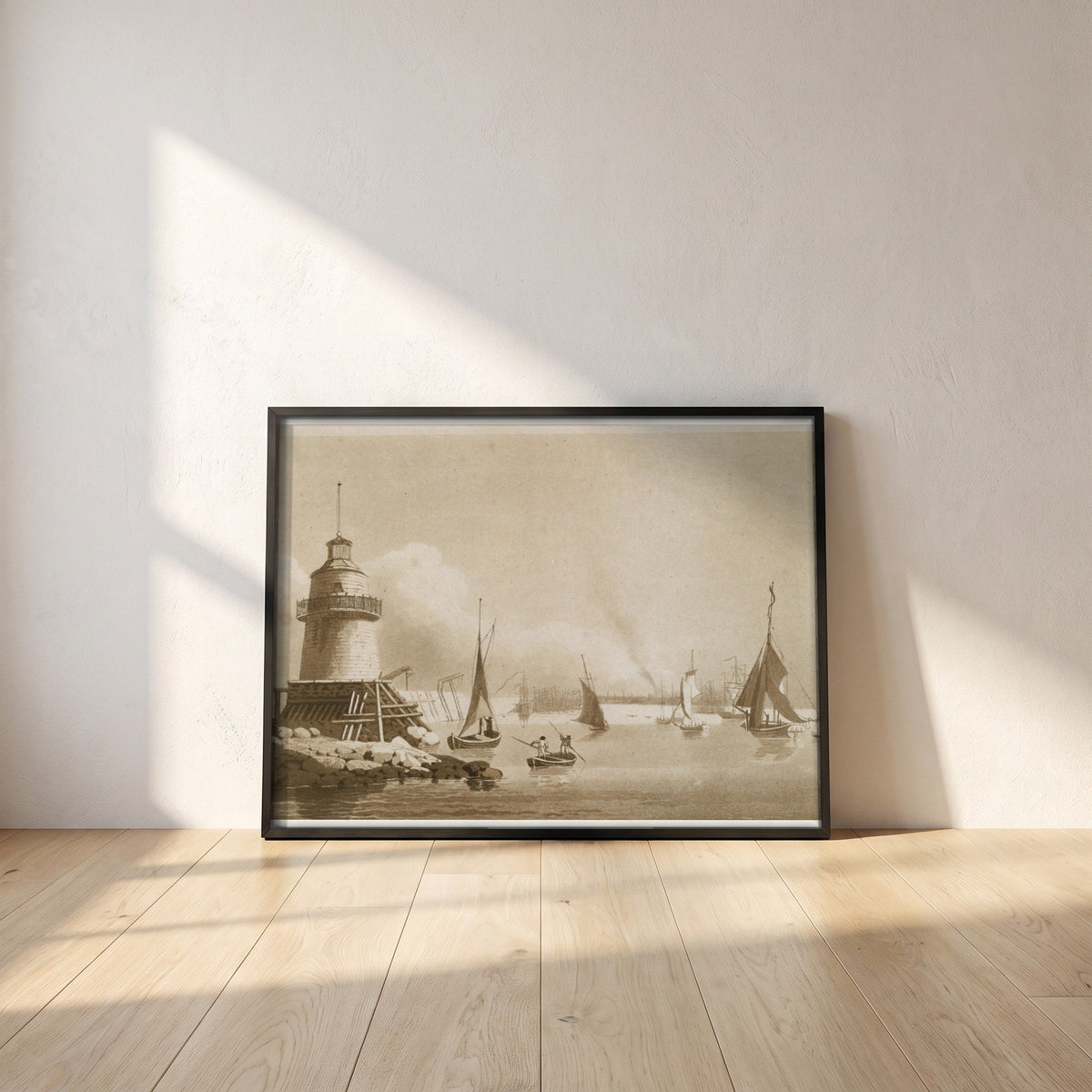 Dublin Harbour from Poolbeg Lighthouse framed print in a black frame leaning against a white plaster wall on oak floorboards in morning light