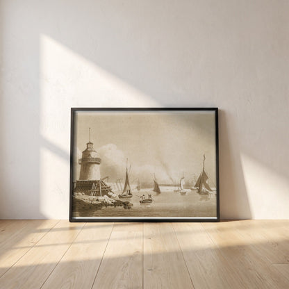 Dublin Harbour from Poolbeg Lighthouse framed print in a black frame leaning against a white plaster wall on oak floorboards in morning light
