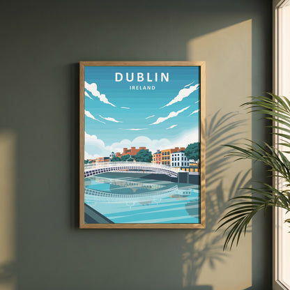 Dublin City retro travel poster framed print in a natural oak frame on a dark green wall beside a window, dappled plant shadow