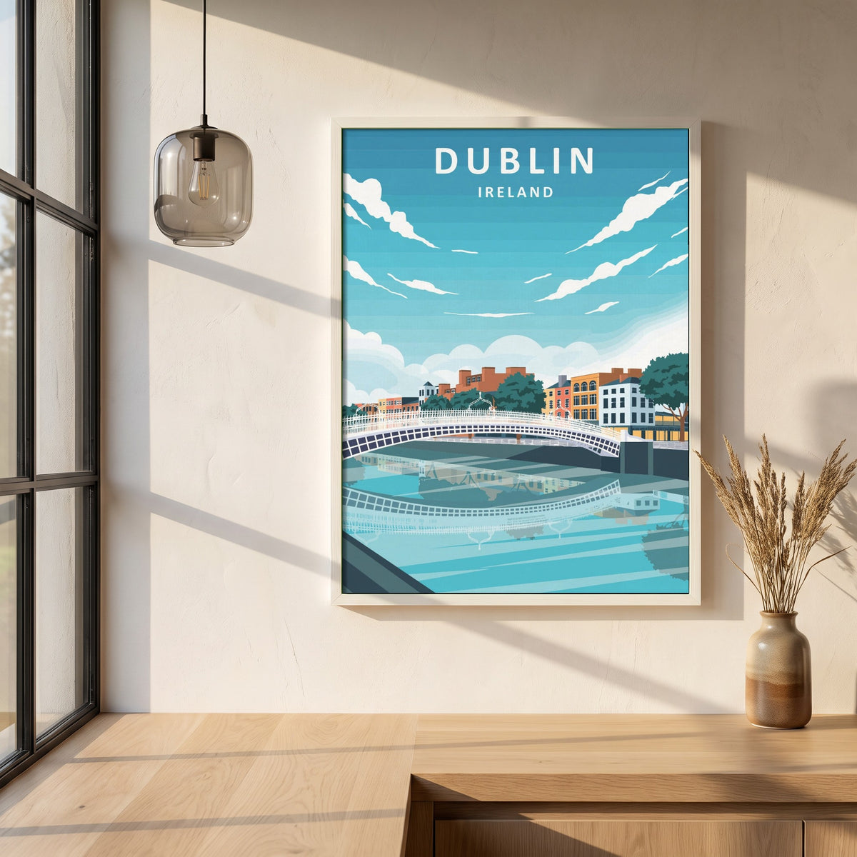 Dublin City retro travel poster framed print in a white frame on a plaster wall above an oak worktop in a bright Scandinavian kitchen