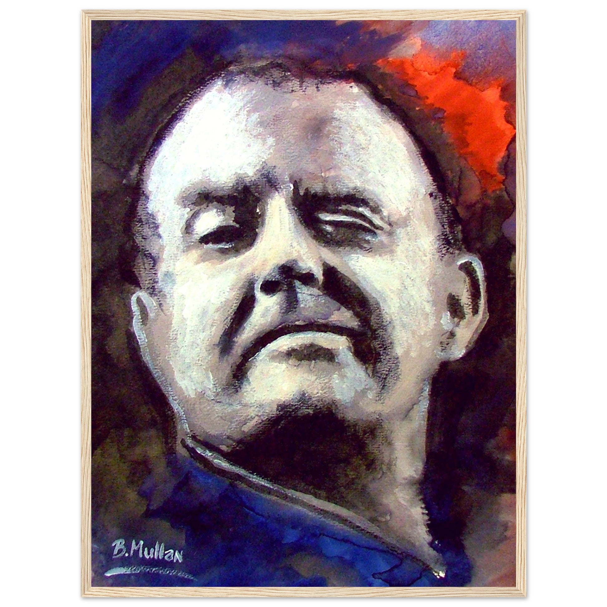 Portrait of Christy Moore, Irish folk singer-songwriter. Art print by B. Mullan, featuring iconic songs like 'Ride On' and 'The Voyage'. Celebrate Irish music and culture with this vibrant wall art.