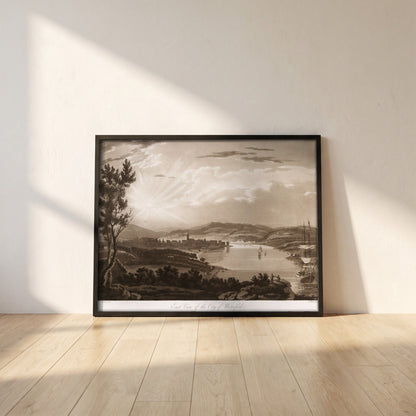 East View of the City of Waterford by Thomas Sautelle Roberts Art Print framed print in a black frame leaning against a white plaster wall on oak floorboards in morning light