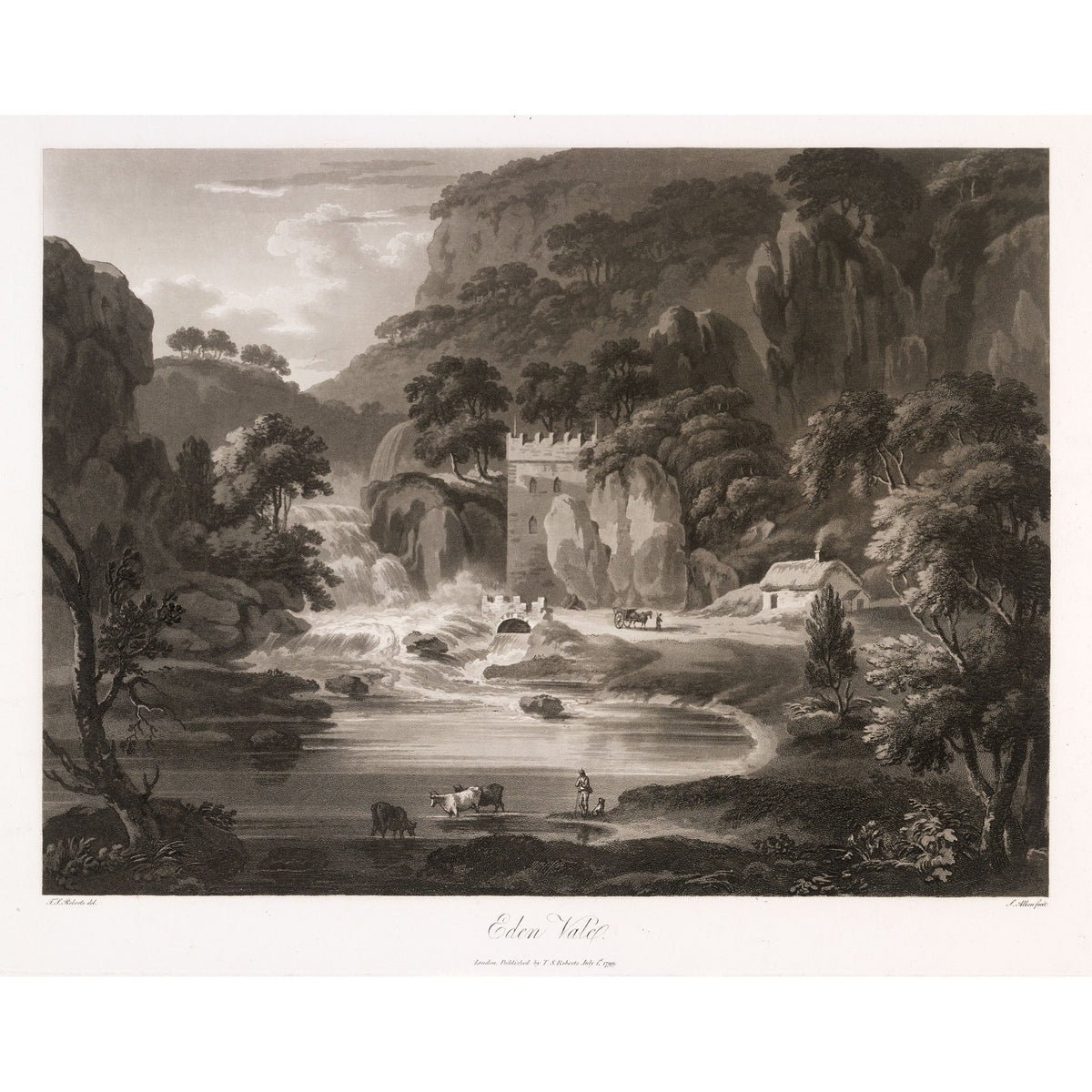 Eden Vale waterfall and tower, 1799 aquatint by Thomas Sautelle Roberts, engraved by Samuel Alken - vintage Irish art print
