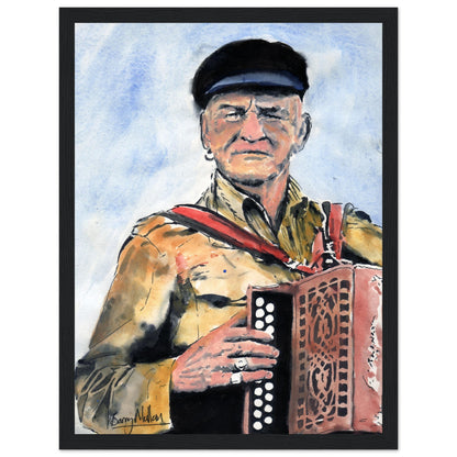 Framed art print of Patsy Dan Rogers, the King of Tory, celebrating the vibrant spirit of Tory Island. This captivating artwork by Irish artist B. Mullan captures the essence of Tory's unique culture, honouring the island's legendary figure.