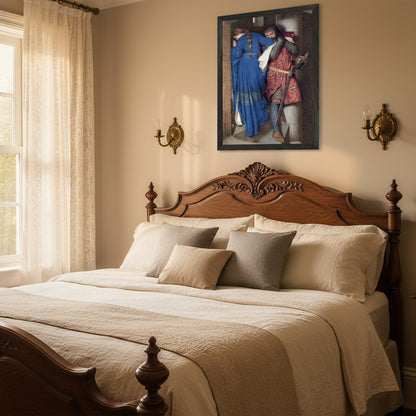 The Meeting on the Turret Stairs framed in black, positioned above a vintage oak headboard with linen bedding, lace curtains, and soft golden lighting — evoking 19th-century intimacy and poetic elegance.