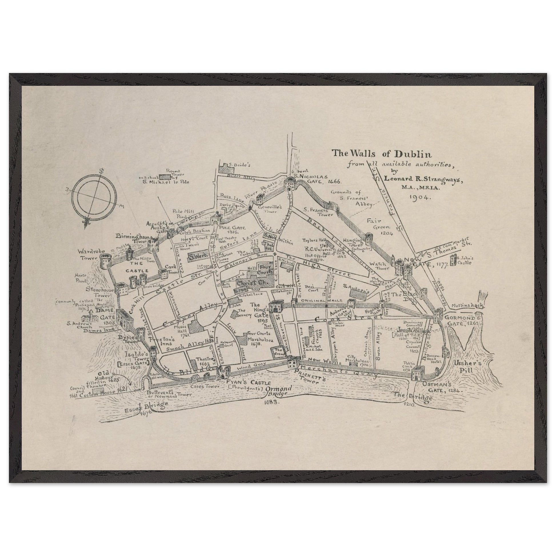 The Walls of Dublin — Antique City Map Print | Historic Irish Wall Art – size comparison view | Buy Irish Art