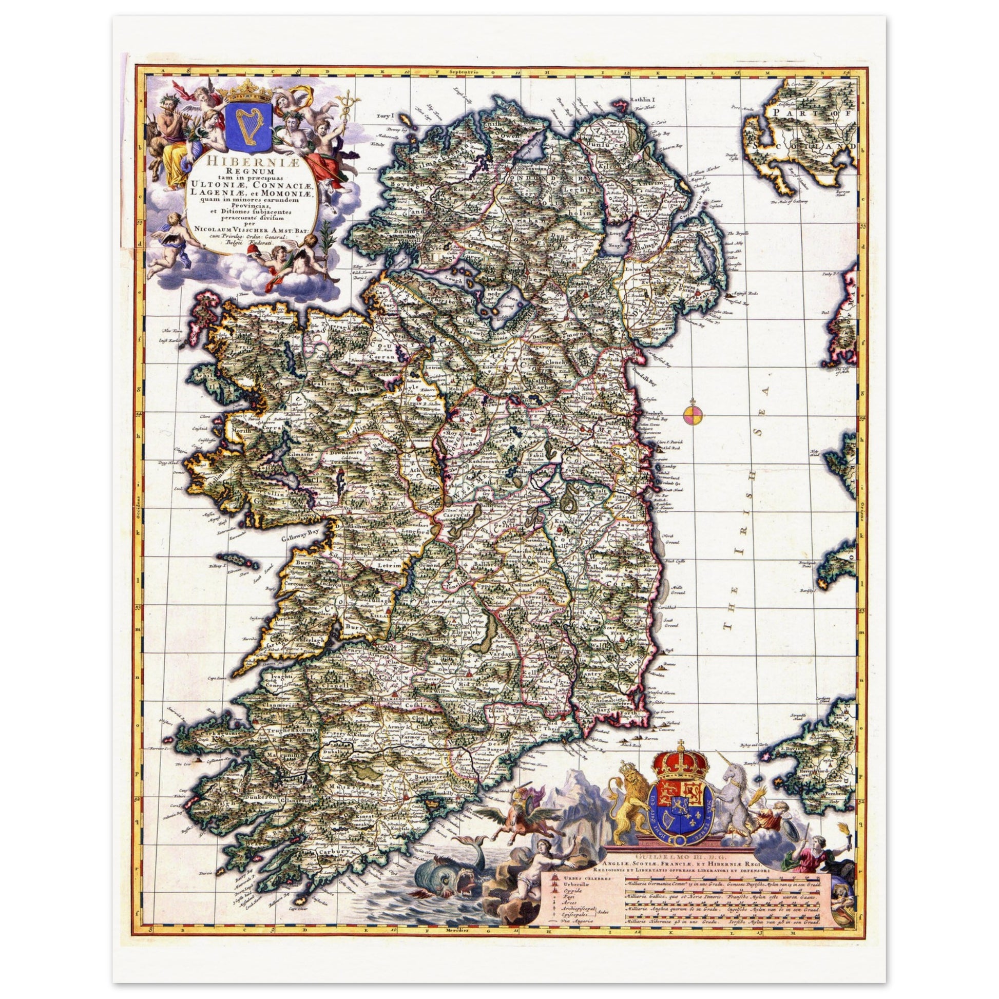 Visscher 1689 Map of Ireland Art Print | Historic Irish Cartography – size comparison view | Buy Irish Art