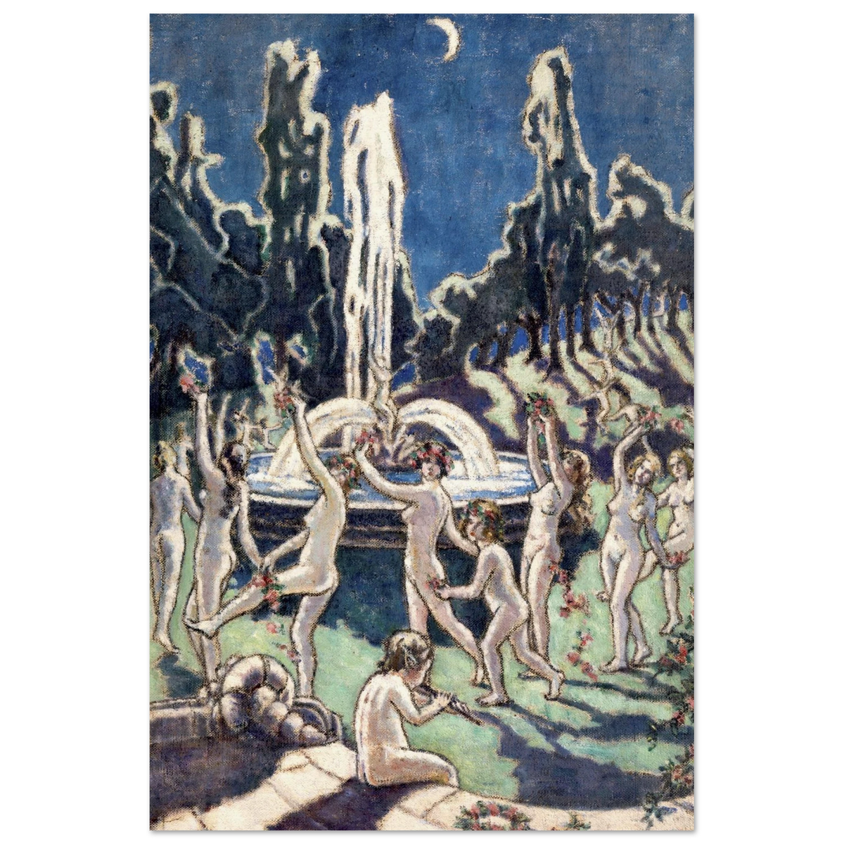 Figures Dancing Round a Fountain by Mainie Jellett unframed print, dancers circling a moonlit fountain