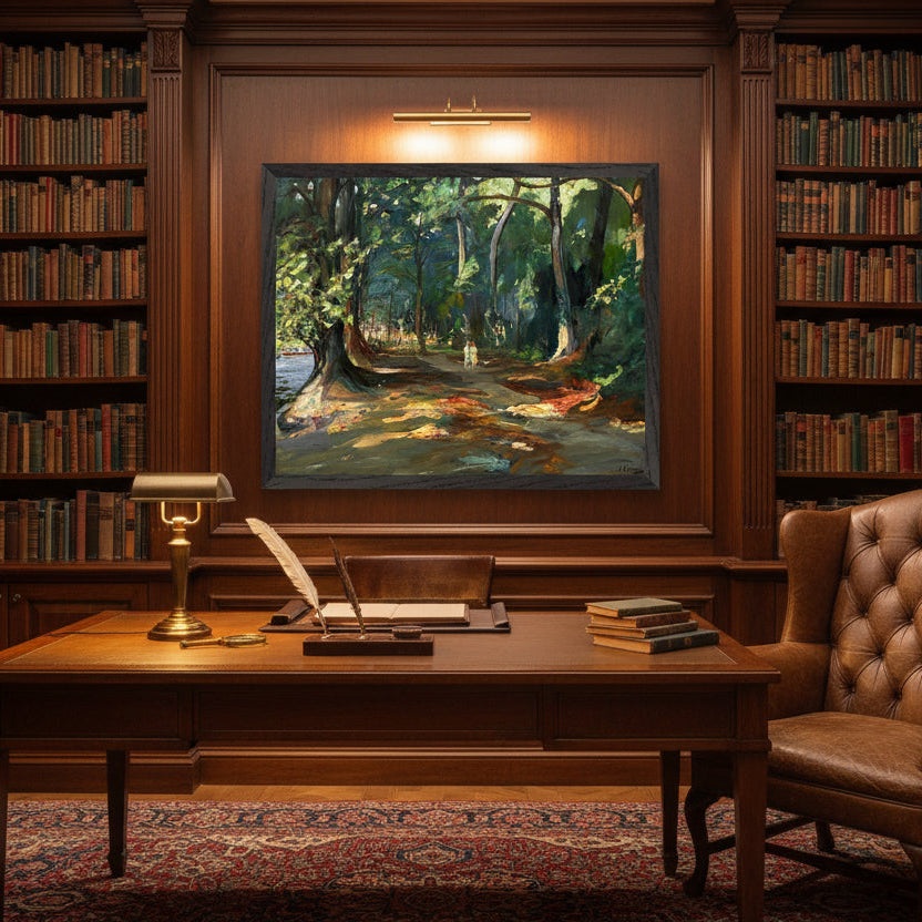Lavery's The Path by the River framed print in a wood-panelled study above a desk with a brass lamp