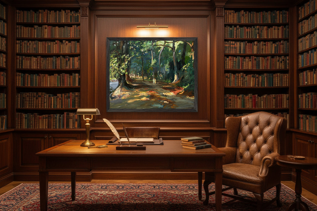 Traditional private study with dark wood shelves, leather chair, soft lamp lighting, framed Collector’s Edition art print of The Path by the River, Maidenhead by Sir John Lavery on the wall, scholarly atmosphere, classic luxury interior, fine art collector aesthetic