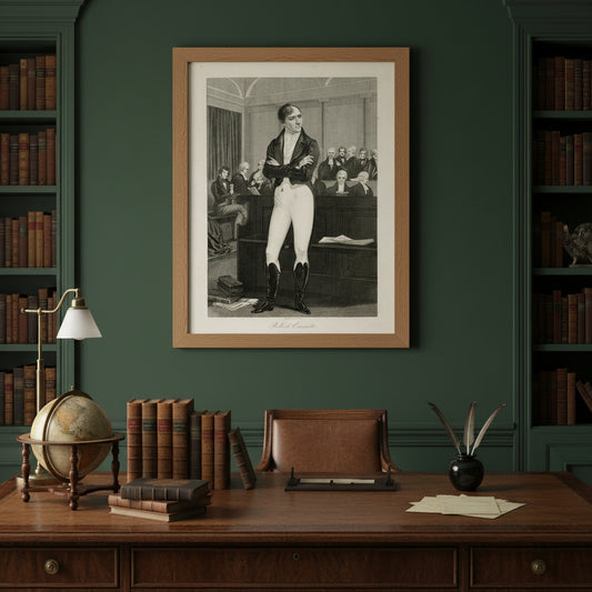 Framed Irish historical print of Robert Emmet in Court, hung above a dark oak desk in a Georgian-style Irish study. Warm lamplight, aged leather-bound books, quill pens, antique globe, and deep green wall tones. Premium wooden frame (natural oak) with matte archival paper texture visible — evokes heritage, intellect, and national pride.