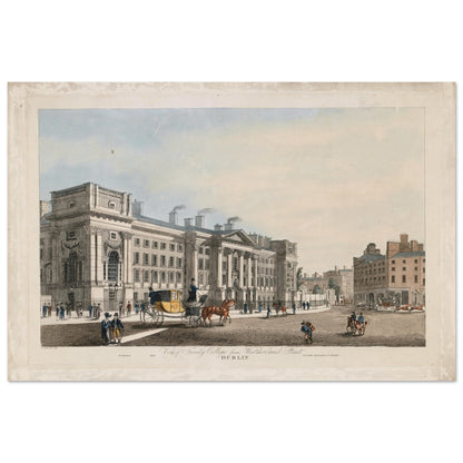 Georgian street scene of Trinity College Dublin with carriages on Westmoreland Street, unframed