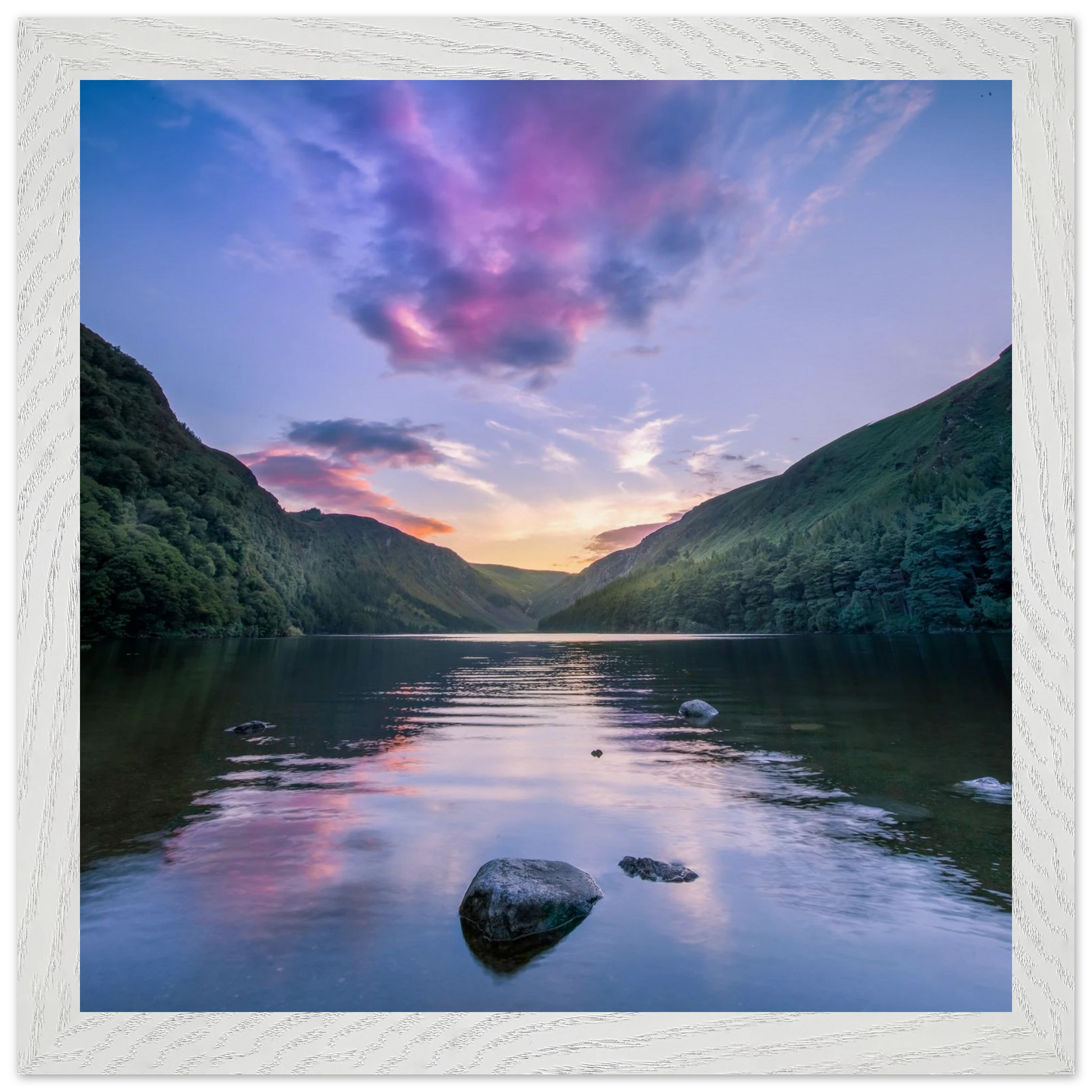 Glendalough at dusk premium Irish landscape wall art print in white gallery frame