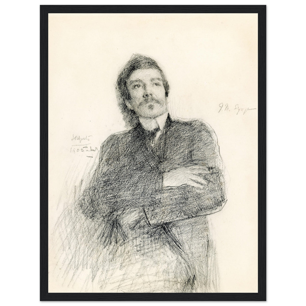 Graphite portrait of John Millington Synge by John Butler Yeats, framed in black gallery frame, archival print, Irish literary portrait.