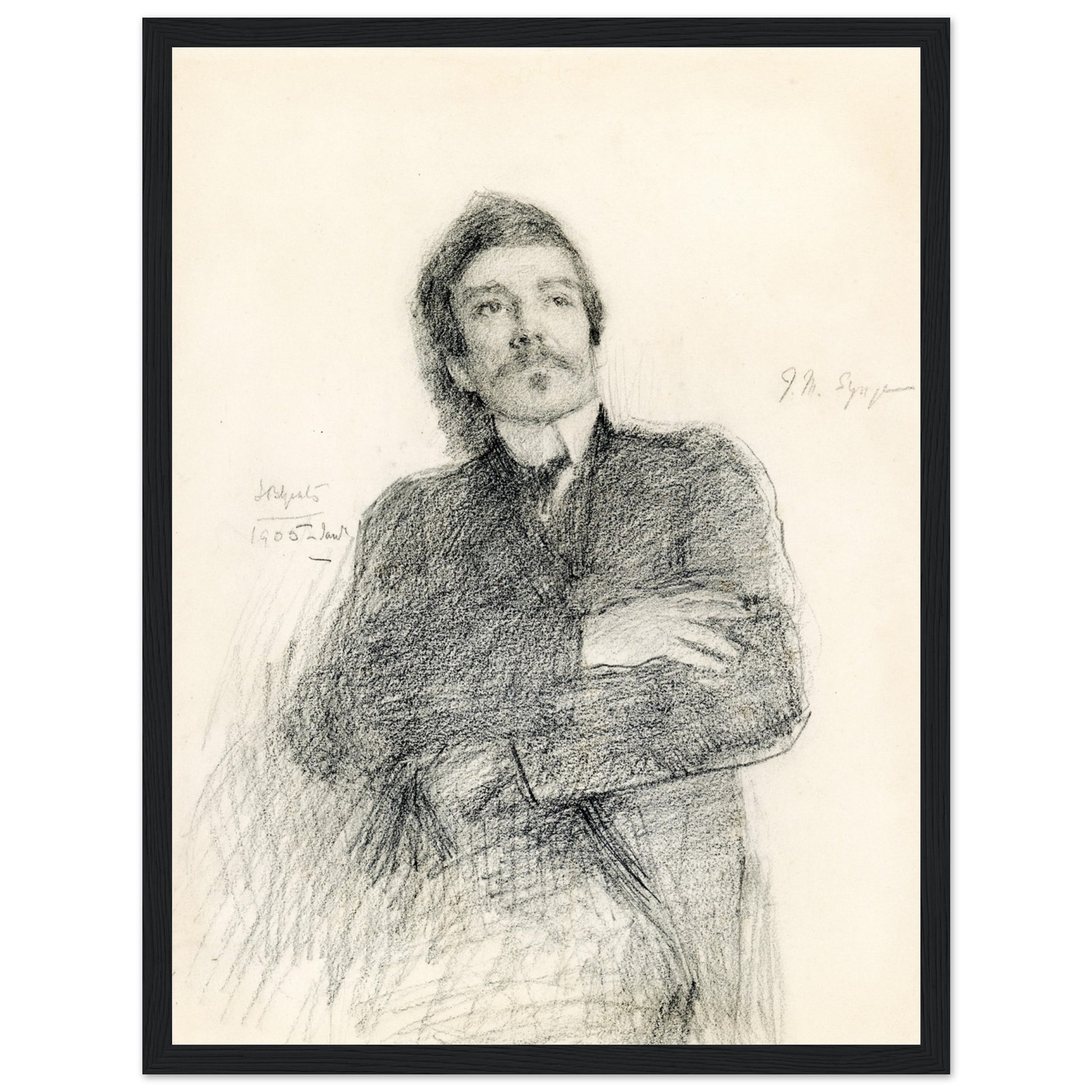 Graphite portrait of John Millington Synge by John Butler Yeats, framed in black gallery frame, archival print, Irish literary portrait.
