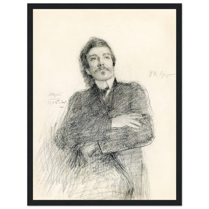 Graphite portrait of John Millington Synge by John Butler Yeats, framed in black gallery frame, archival print, Irish literary portrait.