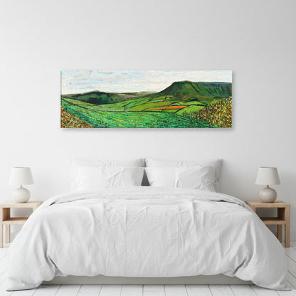 Green Glens of Antrim by Ó Maoláin panoramic canvas print on a white bedroom wall above white linen bedding