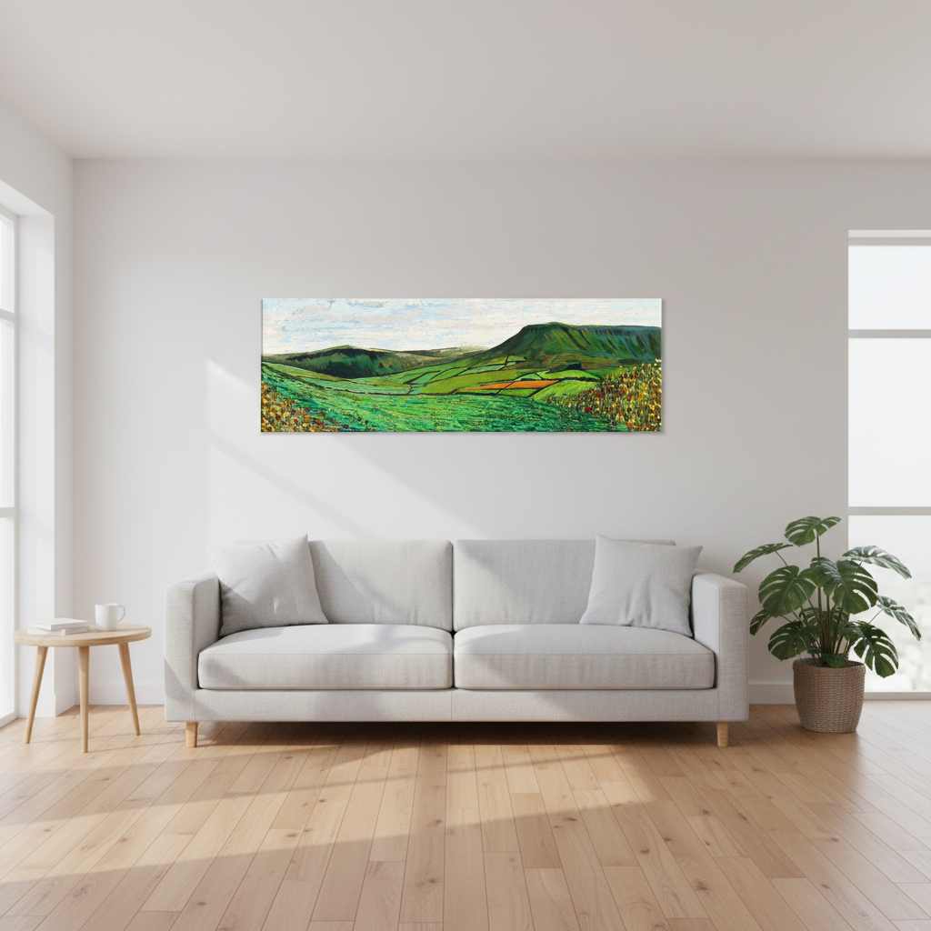 Green Glens of Antrim by Ó Maoláin panoramic canvas print on a white wall above a light grey sofa in a modern living room