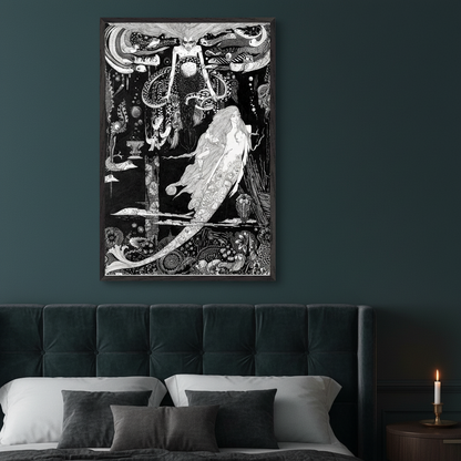 Harry Clarke The Little Sea Maid 1916 framed gothic print above dark velvet headboard with candlelight on deep teal wall