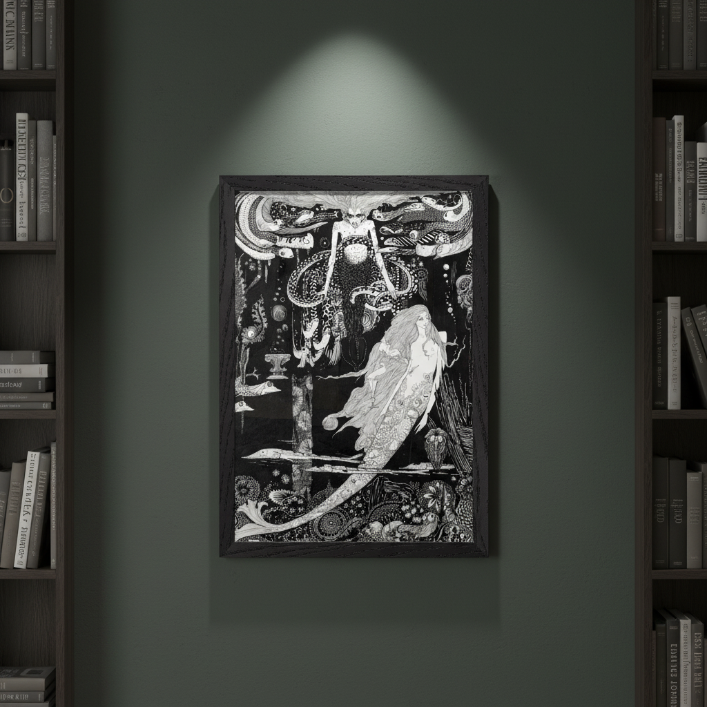 Harry Clarke Little Sea Maid 1916 framed gothic illustration print between floor to ceiling bookshelves on dark green wall