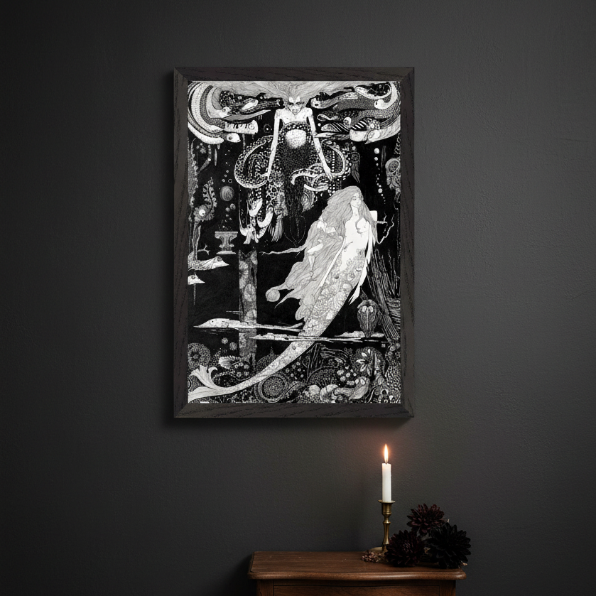 Harry Clarke Little Sea Maid framed black and white gothic print above dark vanity table with candle and dried flowers