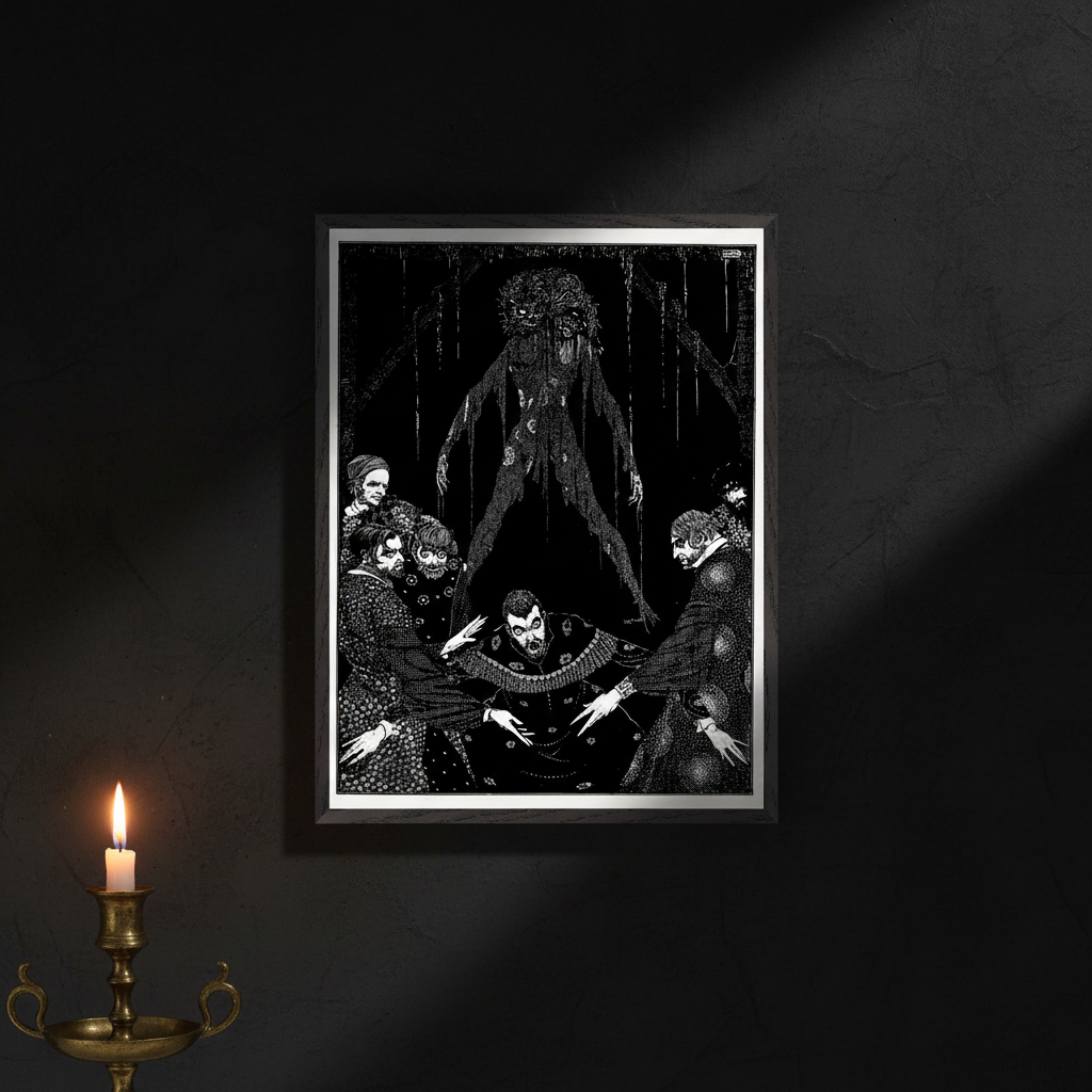 Harry Clarke Walled the Monster 1923 framed gothic horror print on black wall with brass candlestick dramatic upward light