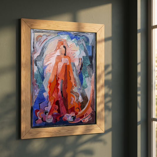 I Have Trodden the Winepress Alone framed print in a natural oak frame on a dark green wall beside a window, dappled plant shadow