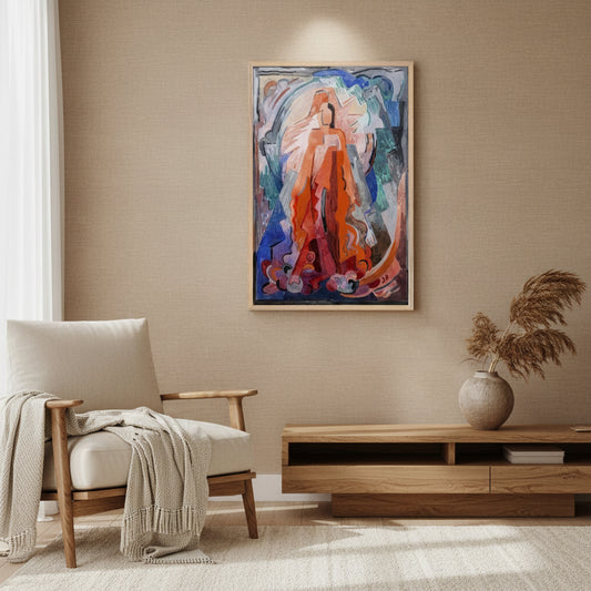 I Have Trodden the Winepress Alone by Mainie Jellett – natural wood framed Irish Modernism print oak frame mockup of abstract Irish modernist artwork, warm contemporary
interior with neutral textures, oak furniture tones, soft ambient lighting,
high realism, 4K decorative art photography