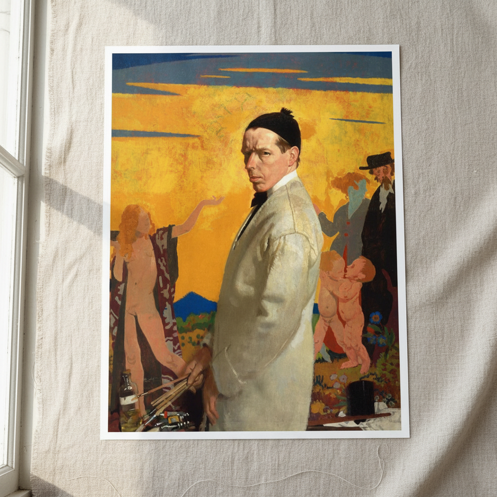 Self-Portrait with Sowing New Seed by William Orpen, unframed archival print resting on light linen fabric