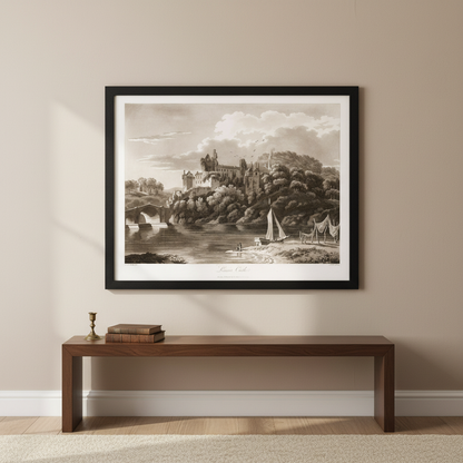 Lismore Castle 1790s aquatint by Thomas Sautelle Roberts displayed in a refined Irish home interior
