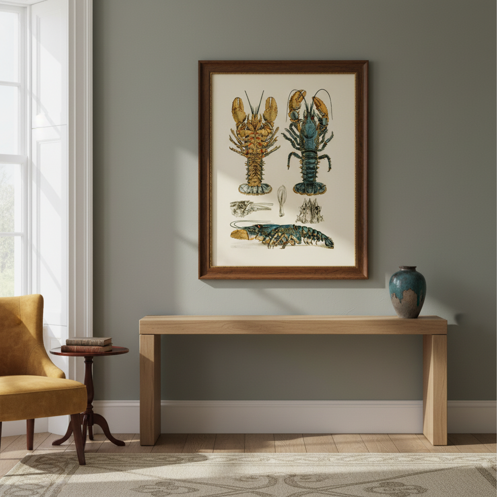 Crustacea II by Frederick McCoy in a dark wood frame above a console table in a grey-green room