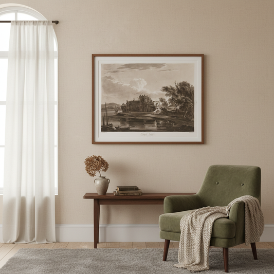 Carrick Castle Ormond Castle 1796 aquatint by Thomas Sautelle Roberts displayed in a refined Irish home interior