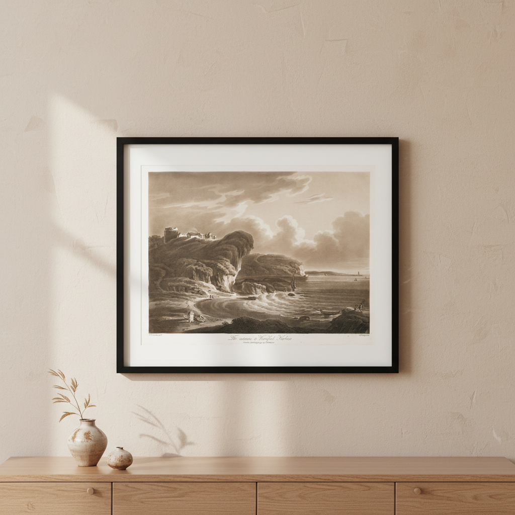The Entrance to Waterford Harbour 1796 aquatint by Thomas Sautelle Roberts displayed in a refined Irish home interior
