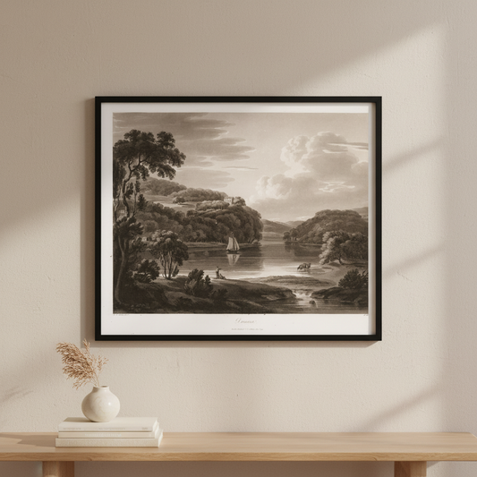 Dromana on the Blackwater 1799 aquatint by Thomas Sautelle Roberts displayed in a refined Irish home interior