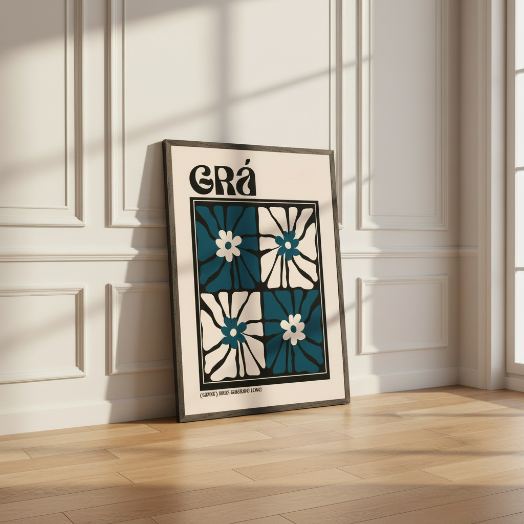 Grá Irish word for love print in a dark frame leaning against a panelled wall in a sunlit empty room