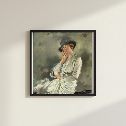 Mrs Charles S. Carstairs by William Orpen in a slim black frame on an off-white lime plaster wall, no mat or white border