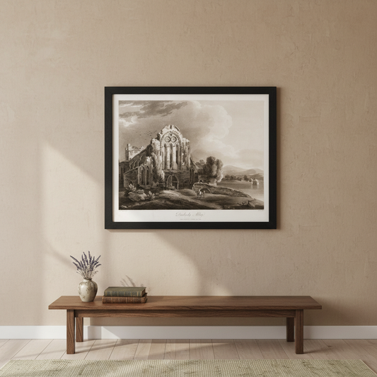 Dunbrody Abbey 1796 aquatint by Thomas Sautelle Roberts displayed in a refined Irish home interior