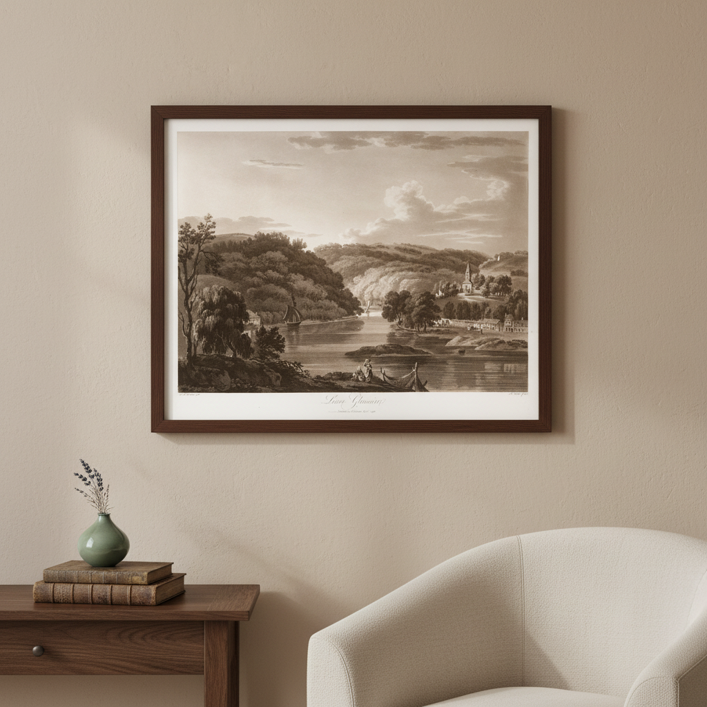 Lower Glanmire 1796 aquatint by Thomas Sautelle Roberts displayed in a refined Irish home interior