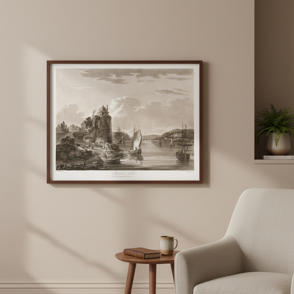 Blackrock Castle 1796 aquatint by Thomas Sautelle Roberts displayed in a refined Irish home interior