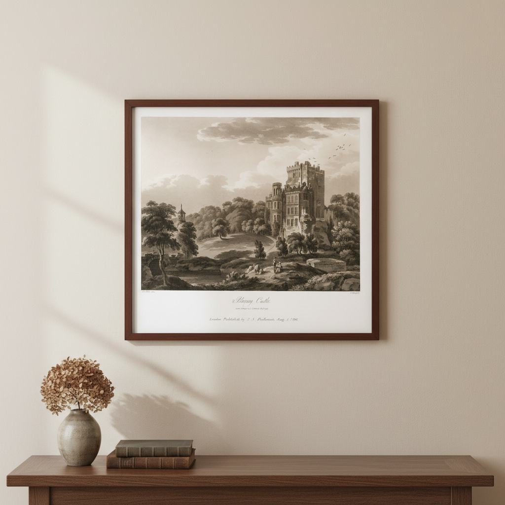 Blarney Castle 1796 aquatint by Thomas Sautelle Roberts displayed in a refined Irish home interior