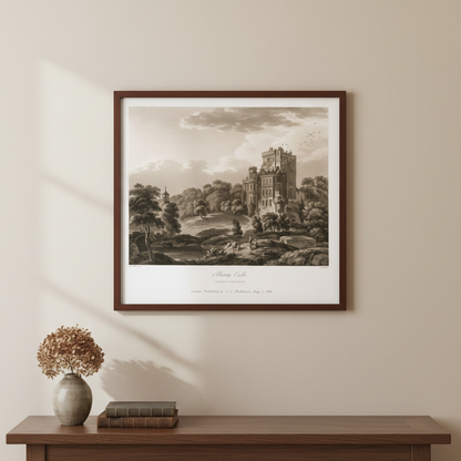 Blarney Castle 1796 aquatint by Thomas Sautelle Roberts displayed in a refined Irish home interior