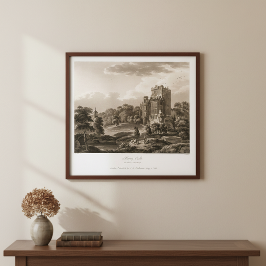 Blarney Castle 1796 aquatint by Thomas Sautelle Roberts displayed in a refined Irish home interior