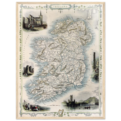 Historic Vintage Map of Ireland Print in Wooden Frame