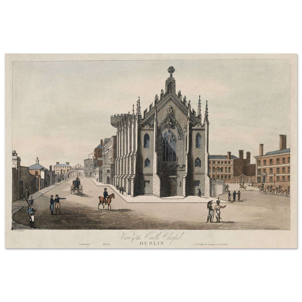 Irish architecture print of the Chapel Royal, Dublin Castle, full view with title inscription
